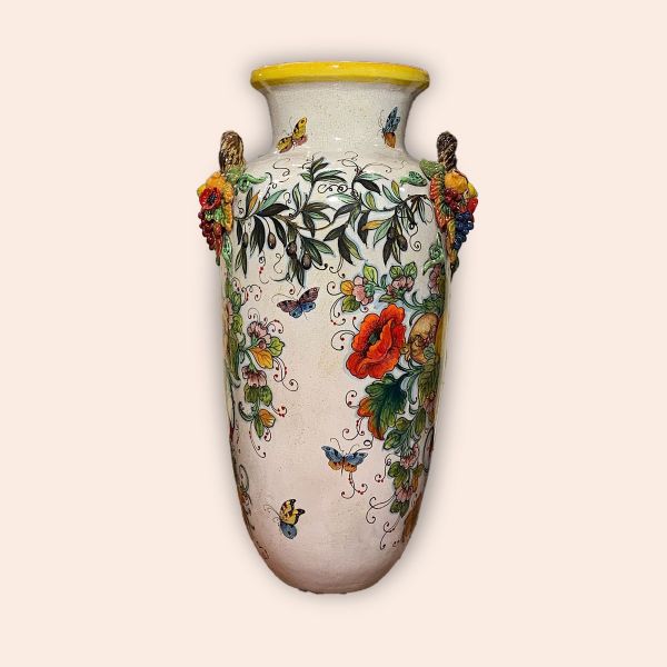 MISSILE-SHAPED TALL VASE WITH COUNTRYSIDE SCENES AND POPPIES cm.100h